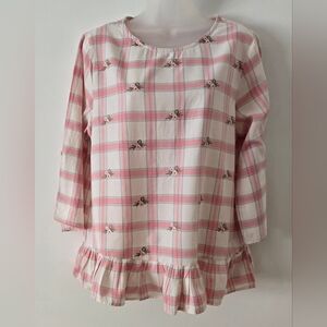 Denim Moves Ladies Top Pink & White Plaid Small Embroidery Flowers Sz Medium